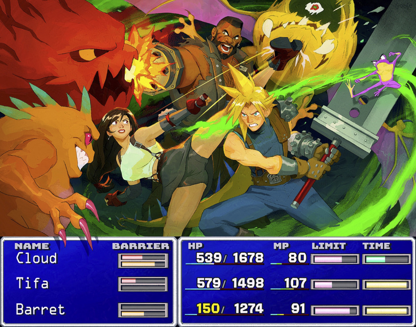 ahriman, arm_cannon, barret_wallace, beard, bike_shorts, black_hair, blonde_hair, bomb_(final_fantasy)