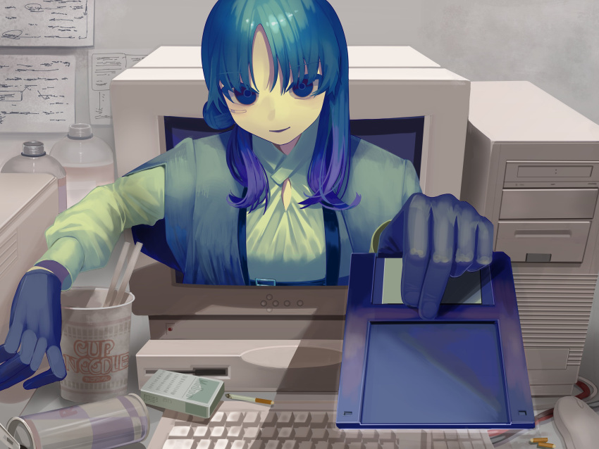 1girl, absurdres, blue_eyes, blue_hair, bottle, can, chopsticks, cigarette, cigarette_pack, computer, computer_keyboard, computer_tower, crt, desk, drink_can, empty_eyes, energy_drink, fingerless_gloves, floppy_disk, gloves, green_shirt, highres, holding_floppy_disk, indoors, long_hair, looking_at_viewer, monitor, original, paper, parted_bangs, ramen, shirt, smile, soda_can, solo, table, test_norma1, through_medium, through_screen, upper_body
