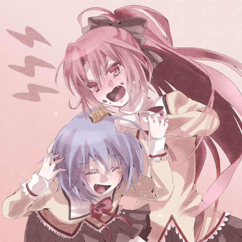 bad_id, blue_hair, closed_eyes, eyes_closed, fang, food, hiera_(izuma), laughing, long_hair, mahou_shoujo_madoka_magica, miki_sayaka, multiple_girls, ponytail, red_eyes, red_hair, redhead, sakura_kyouko, school_uniform, short_hair, taiyaki, wagashi