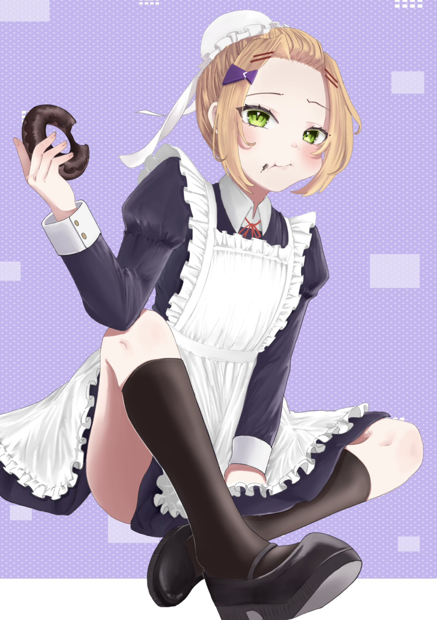 ahoge, alternate_costume, apron, blonde_hair, bow_hairband, breasts, brown_hair, chocolate_donut