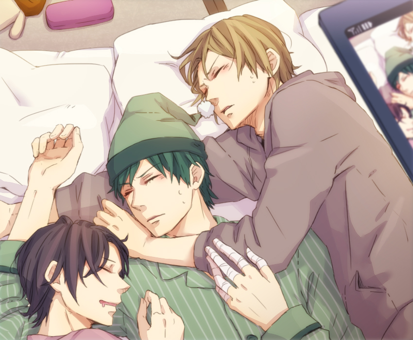 3boys, akairo_(chooop), bandaged_fingers, bandages, black_hair, blonde_hair, cellphone, closed_eyes