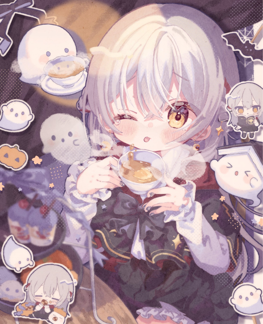 1girl, black_bow, black_bowtie, black_dress, blush, book, bow, bowtie