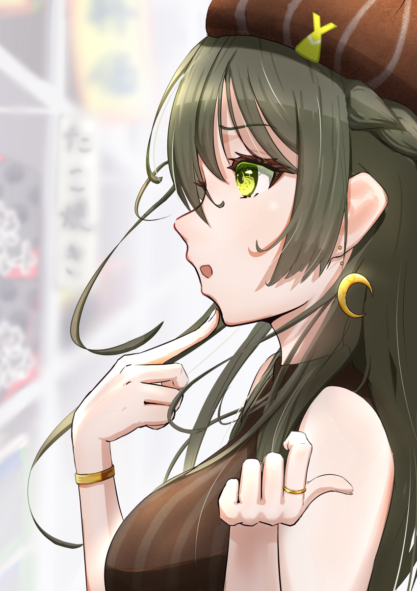 1girl, absurdres, beret, braid, breasts, brown_hair, crescent, crescent_earrings