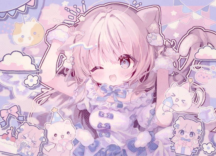 >_<, 1girl, ;d, animal_ear_fluff, animal_ears, blue_dress, blue_eyes, blue_nails