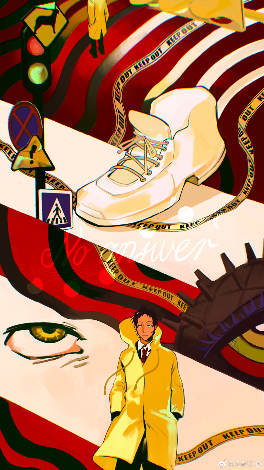 1boy, absurdres, adachi_tooru, ameno_sagiri_(persona), black_hair, black_pants, caution_tape, chromatic_aberration