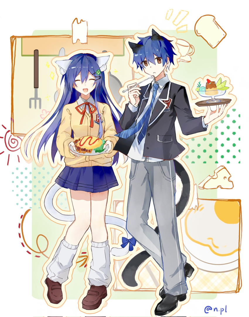 1boy, 1girl, animal_ears, black_shoes, blue_hair, blue_necktie, blue_skirt, brown_eyes, brown_shoes, cardigan, cat_ears, cat_tail, closed_eyes, collared_shirt, date_a_live, food, full_body, genderswap, genderswap_(mtf), hair_ornament, highres, itsuka_shidou, itsuka_shiori, jacket, long_hair, long_sleeves, looking_at_viewer, neck_ribbon, necktie, omelet, omurice, open_mouth, pants, pen_tzbzm, pleated_skirt, raizen_high_school_uniform, ribbon, school_uniform, shirt, shoes, short_hair, skirt, smile, tail, white_shirt