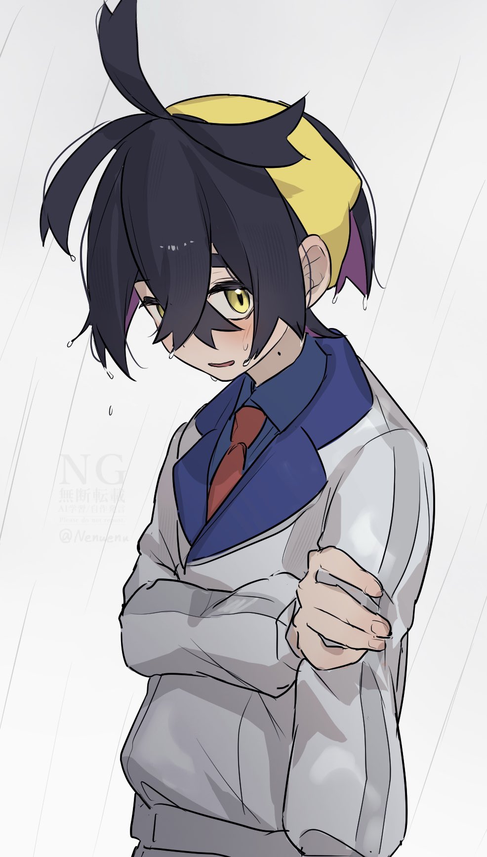 1boy, black_hair, blue_shirt, blush, collared_shirt, crossed_bangs, enudesuga, grey_jacket