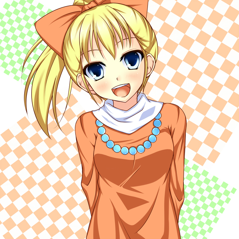 arms_behind_back, blonde_hair, blue_eyes, chargeman_ken!, checkered, checkered_background, izumi_caron, jewelry, mizuki_yae, necklace, open_mouth, ponytail