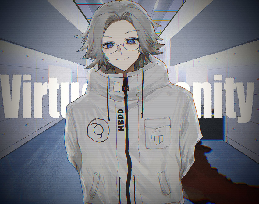1boy, aotsuki_eito, arms_behind_back, blue_eyes, glasses, grey_hair, highres, jacket