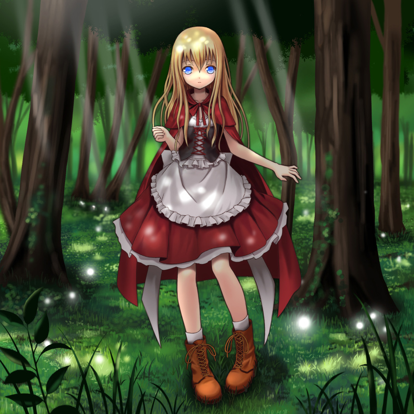 blue_eyes, boots, cape, capelet, cross-laced_footwear, forest, grass, highres, lace-up_boots, little_red_riding_hood, little_red_riding_hood_(grimm), long_hair, nature, original, setona_(daice), solo, tree