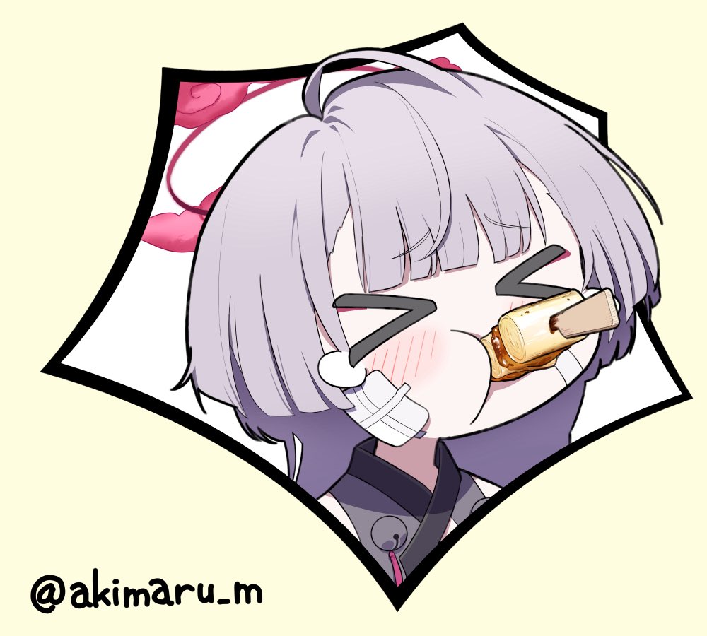 >_<, 1girl, akimaru_m, blue_archive, closed_eyes, food_in_mouth, gauze, gauze_on_cheek, grey_hair, grey_kimono, halo, japanese_clothes, kimono, long_hair, red_halo, shuro_(blue_archive), solo, yellow_background