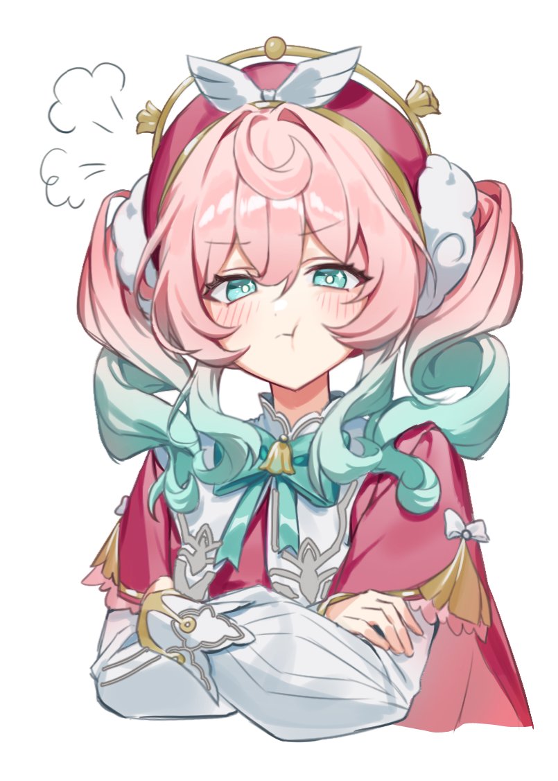 1girl, aqua_eyes, aqua_hair, commentary_request, cropped_torso, crossed_arms, dress, hat, honkai:_star_rail, honkai_(series), hyacine_(honkai:_star_rail), korean_commentary, looking_at_viewer, medium_hair, multicolored_hair, pout, puff_of_air, red_dress, red_hat, sasa234, simple_background, solo, twintails, two-tone_hair, white_background