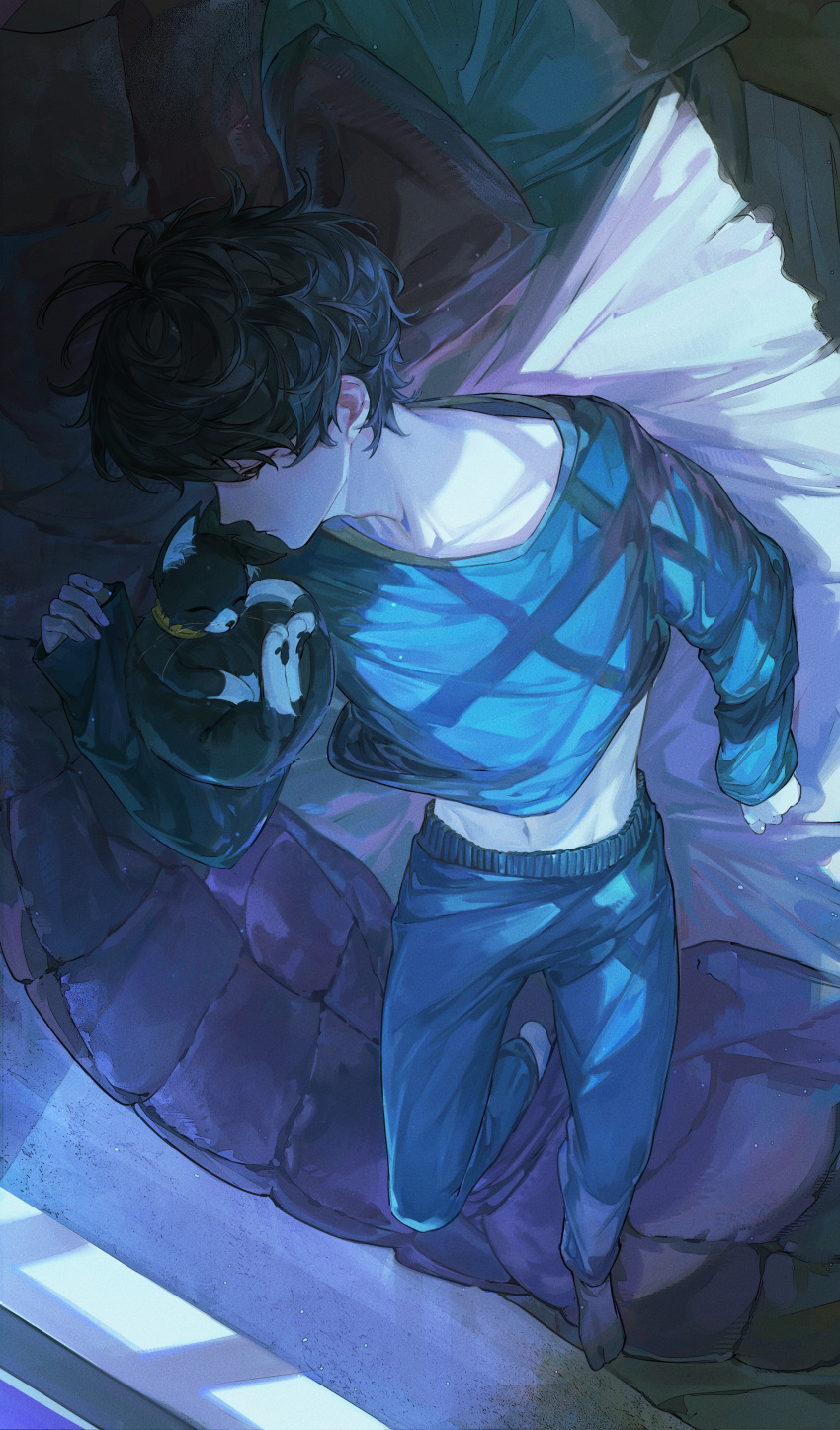 1boy, absurdres, amamiya_ren, animal, bed, bed_sheet, black_cat, black_hair