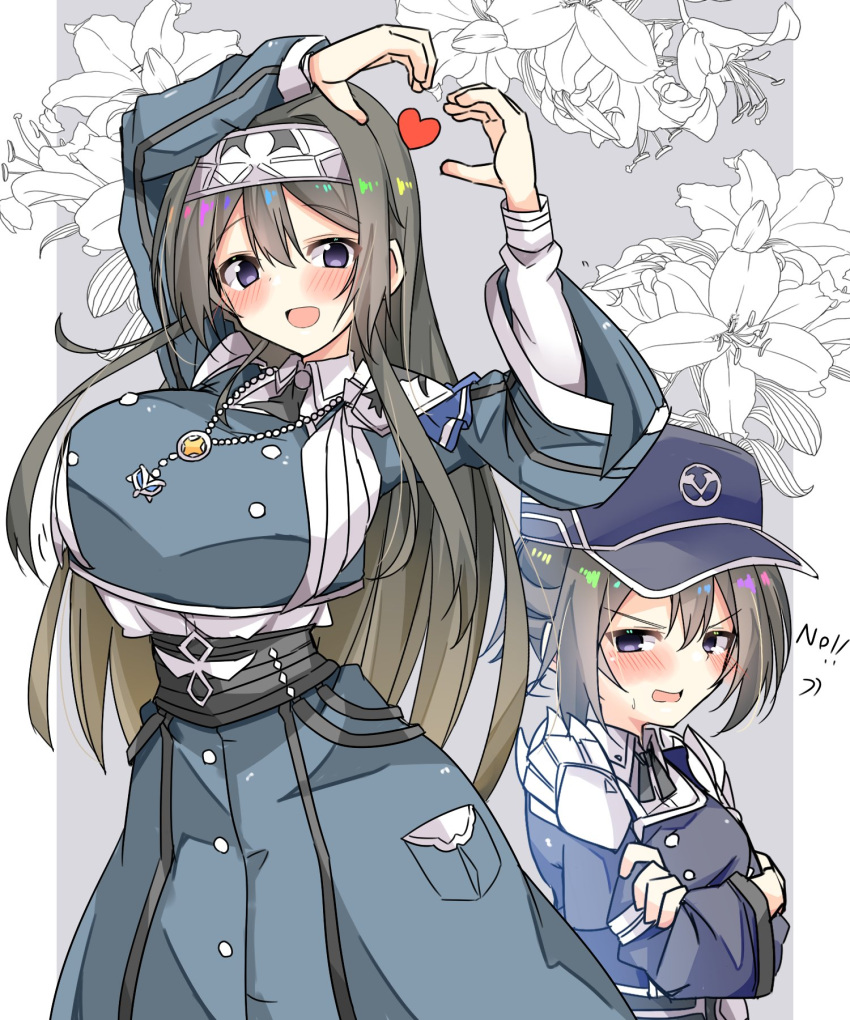 2girls, black_eyes, blue_hat, blue_jacket, breasts, brown_hair, cowboy_shot, duel_monster