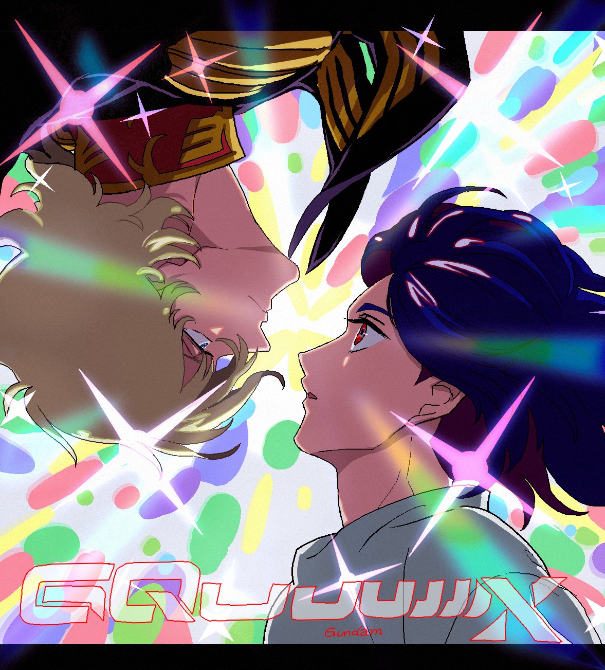 2boys, blonde_hair, blue_eyes, blue_hair, char_aznable, copyright_name, face-to-face, gundam