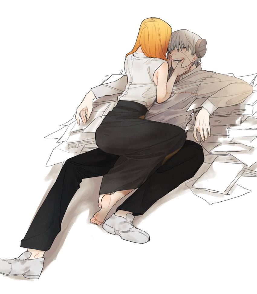 1boy, 1girl, barefoot, black_pants, black_skirt, blonde_hair, collared_shirt, franken_stein_(soul_eater)