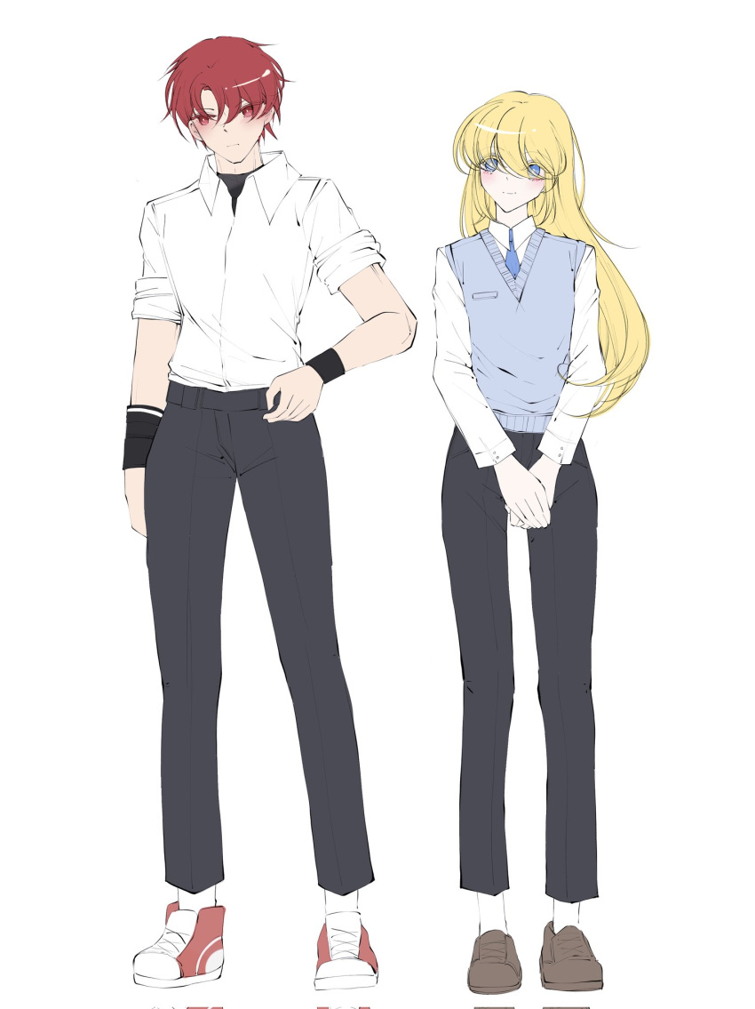 2boys, alternate_costume, androgynous, black_pants, blonde_hair, blue_eyes, blue_necktie, blue_sweater_vest