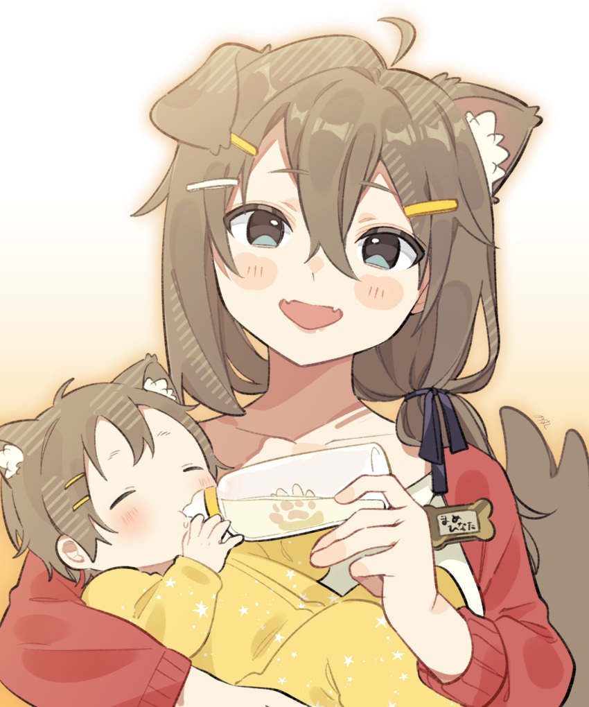 1boy, 1girl, :d, ahoge, animal_ear_fluff, animal_ears, baby, blue_eyes