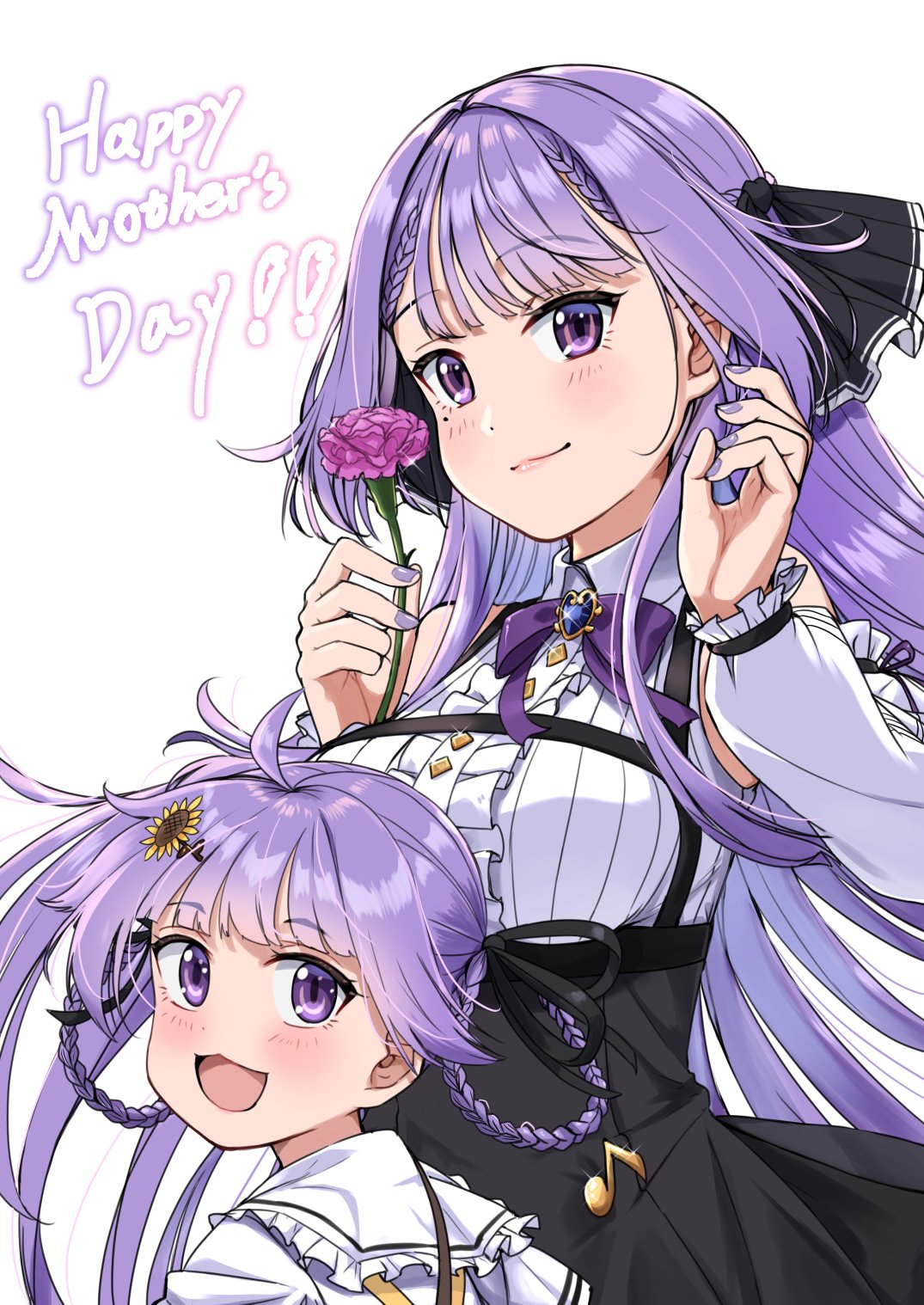 2girls, black_skirt, bow, bowtie, collared_shirt, detached_sleeves, english_text, flower