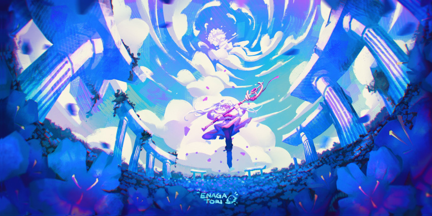1girl, absurdres, arch, blue_flower, blue_sky, blue_theme, capelet, chromatic_aberration, clouds, cloudy_sky, column, commentary, day, dress, elf, enagatori_38, falling_petals, field, fisheye, floating, floating_hair, flower, flower_field, frieren, full_body, highres, holding, holding_staff, long_hair, mage_staff, midair, outdoors, petals, pillar, plant, pointy_ears, robe, ruins, scenery, sky, solo, sousou_no_frieren, staff, twintails, vines, white_capelet, white_hair, wide_shot