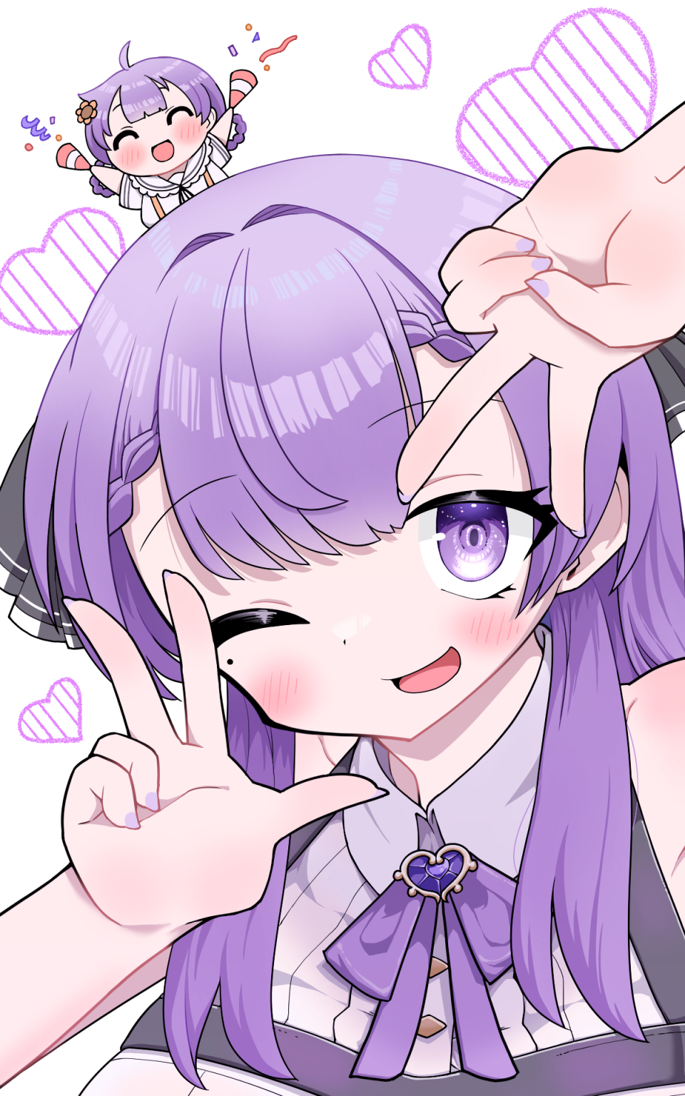 2girls, adamsway88, blush, closed_eyes, collared_shirt, heart, highres, indie_virtual_youtuber, looking_at_viewer, mole, mole_under_eye, mother_and_daughter, multiple_girls, neck_ribbon, one_eye_closed, open_mouth, otsuka_ray, purple_nails, purple_ribbon, reika_(otsuka_ray), ribbon, shirt, simple_background, sleeveless, sleeveless_shirt, violet_eyes, virtual_youtuber, white_background, white_shirt
