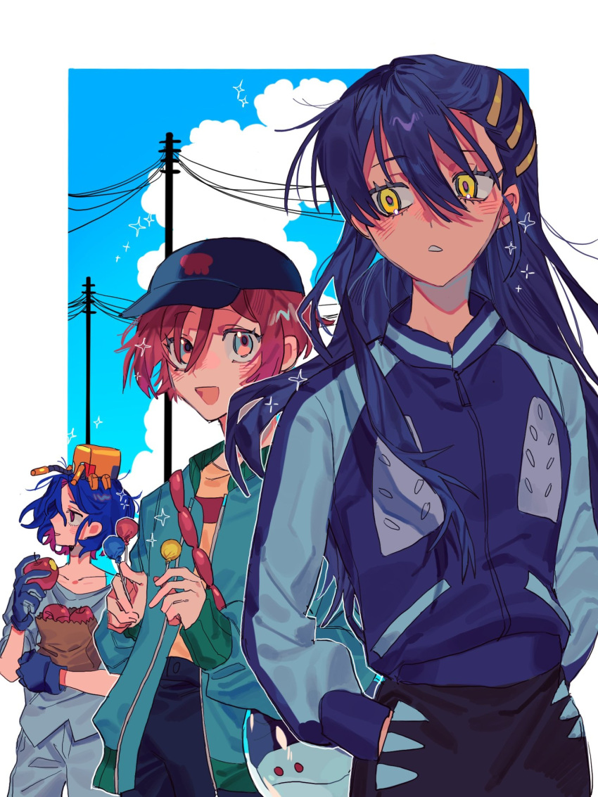 1boy, 2girls, amate_yuzuriha, apple, aqua_eyes, blue_hair, blue_sky, blush