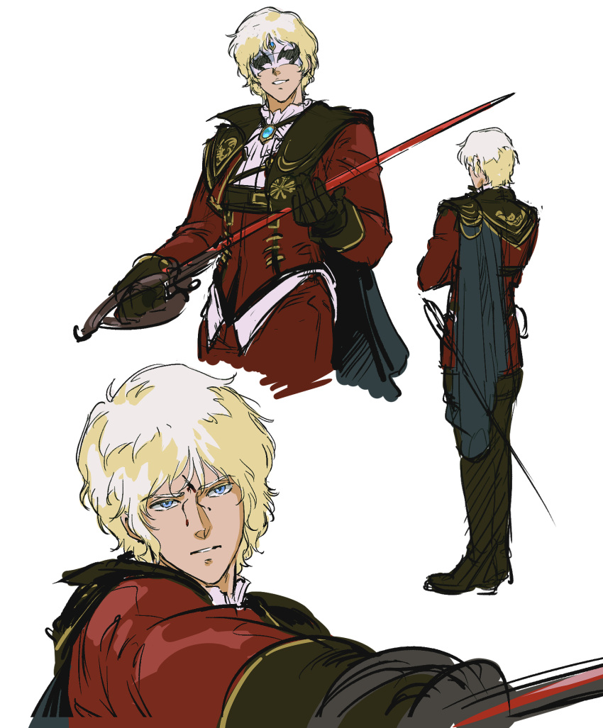 1boy, blonde_hair, blood, blood_on_face, blue_eyes, cape, char_aznable, cosplay