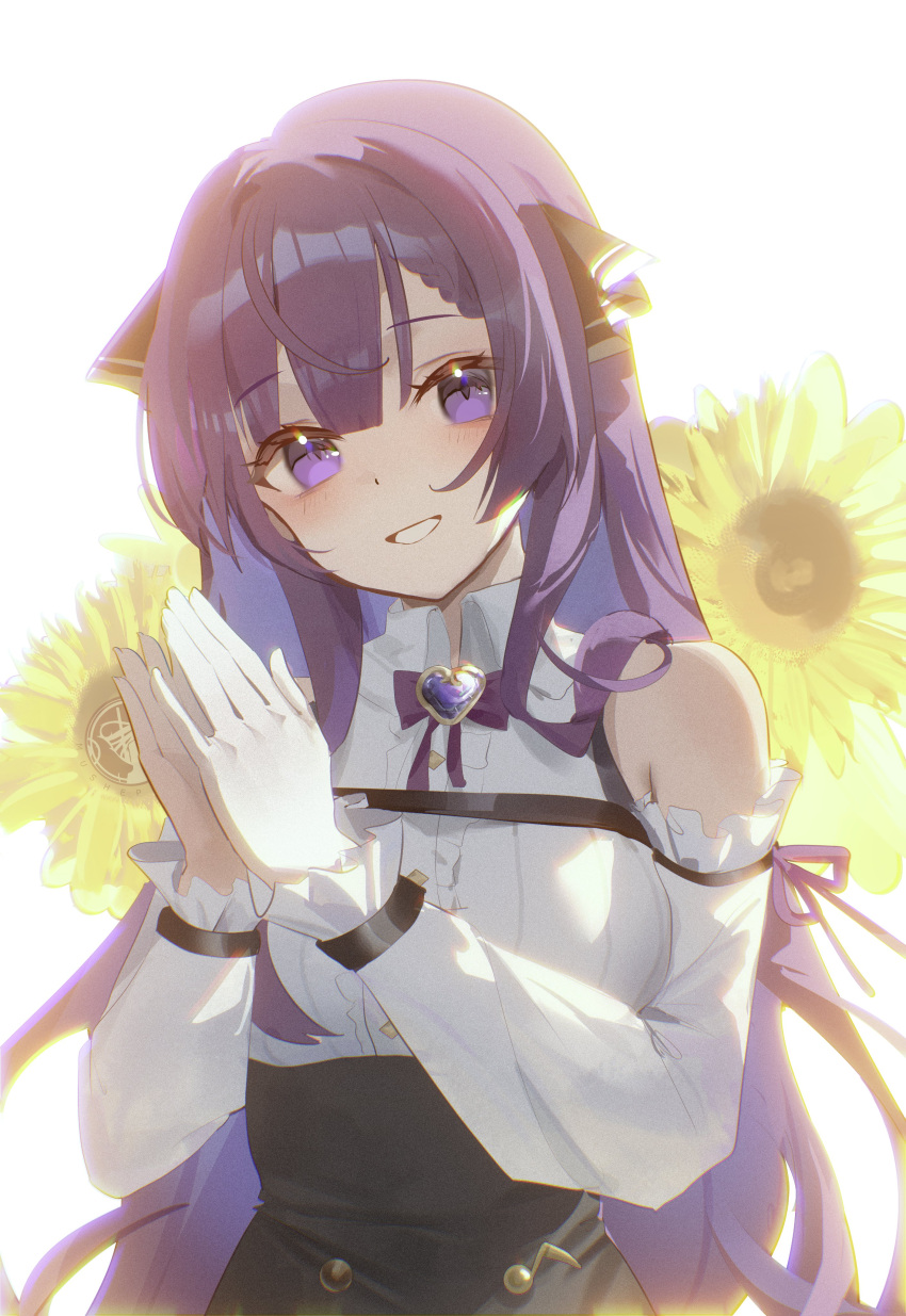 1girl, abroccoli, absurdres, bow, bowtie, collared_shirt, detached_sleeves, flower, grin, highres, indie_virtual_youtuber, long_hair, looking_at_viewer, otsuka_ray, purple_bow, purple_bowtie, purple_hair, shirt, sleeveless, sleeveless_shirt, smile, solo, sunflower, violet_eyes, virtual_youtuber, white_shirt, white_sleeves