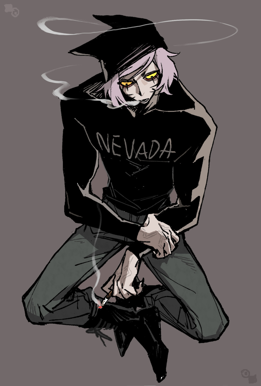 1boy, animal_hat, black_eyes, black_shirt, boots, cat_hat, cigarette, colored_sclera