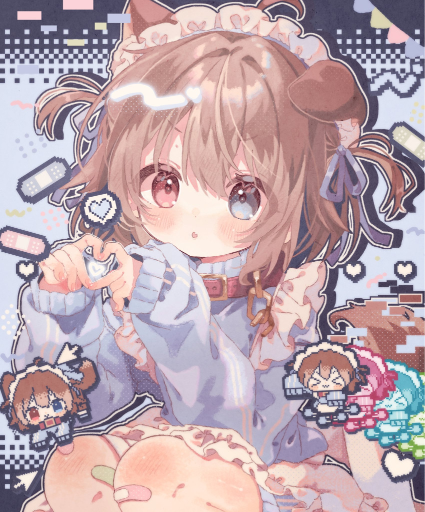 >_<, 1girl, :3, :o, animal_ears, apron, bandaid, bandaid_on_knee