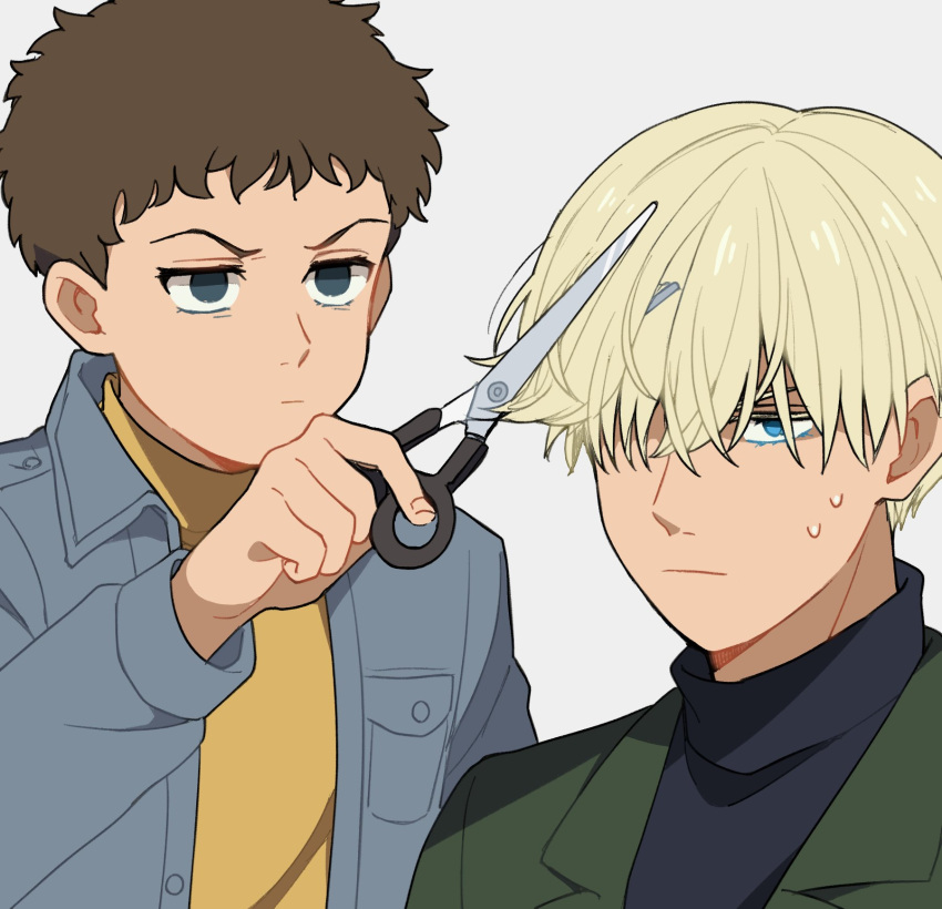 2boys, amuro_ray, black_shirt, blonde_hair, blue_eyes, brown_hair, cutting_another's_hair, cutting_hair