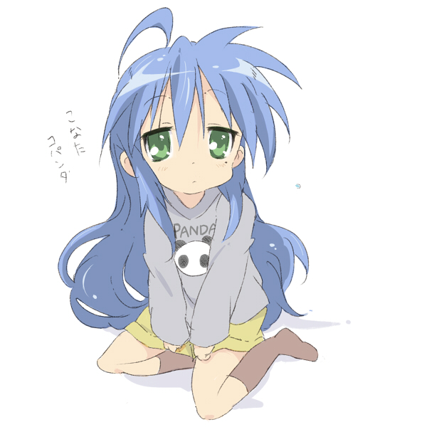 1girl, bad_id, blue_hair, core_(mayomayo), expressionless, green_eyes, izumi_konata, kneeling