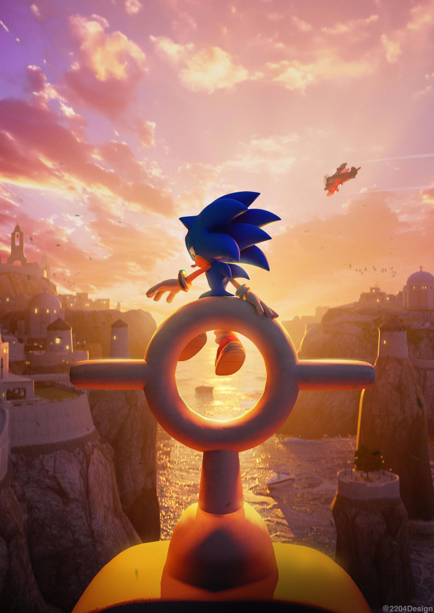 1boy, 2204design, absurdres, aircraft, airplane, animal_ears, animal_nose, apotos, blender_(medium), blue_fur, bracelet, city, clouds, cloudy_sky, flying, from_behind, furry, furry_male, gloves, hedgehog, highres, house, in-universe_location, jewelry, looking_at_hand, male_focus, outdoors, red_shoes, shoes, sitting, sky, sneakers, socks, sonic_(series), sonic_the_hedgehog, sonic_unleashed, spoilers, sunset, tornado_(airplane)_(sonic), white_gloves, white_socks