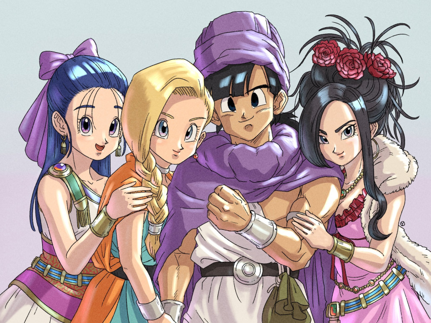 1boy, 3girls, :d, aqua_dress, bianca_(dq5), black_eyes, black_hair, blonde_hair