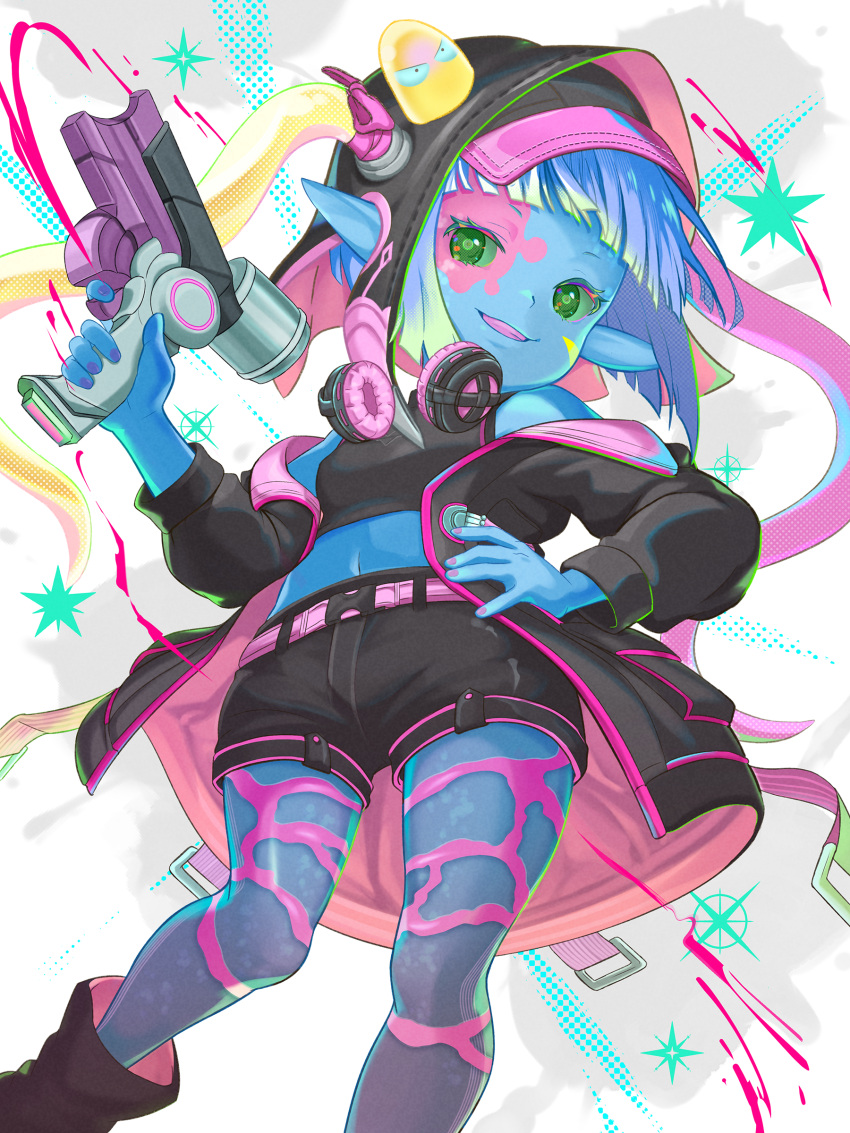 1girl, absurdres, bare_shoulders, belt, black_coat, black_tank_top, blue_hair, blue_skin