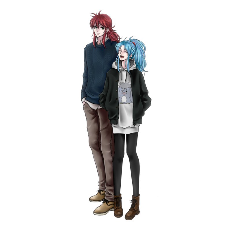 1boy, 1girl, ^_^, black_jacket, blue_hair, botan_(yu_yu_hakusho), brown_shoes, closed_eyes