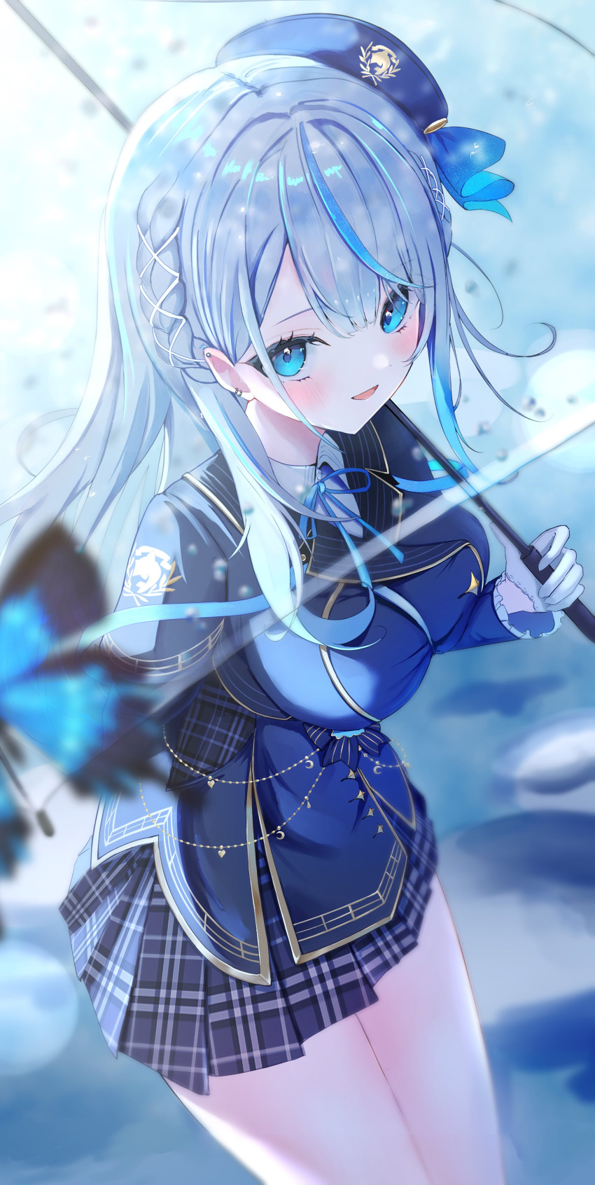 1girl, :d, absurdres, amagai_ruka, beret, black_skirt, blue_butterfly, blue_eyes