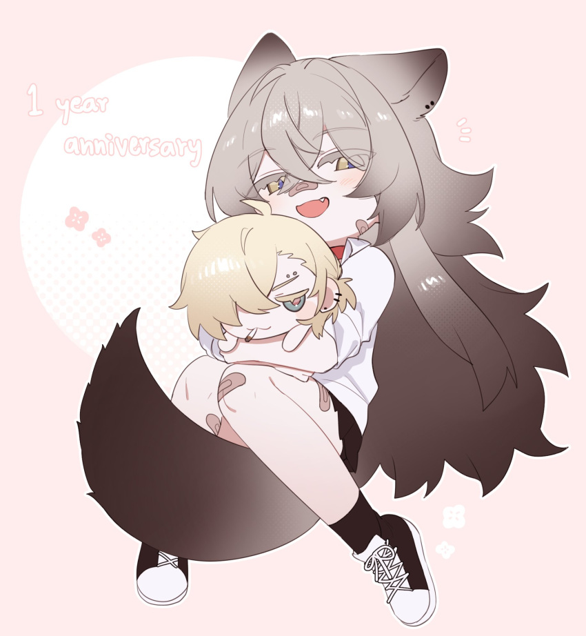 1boy, 1girl, animal_ears, anniversary, bandaid, bandaid_on_face, bandaid_on_nose, black_shoes