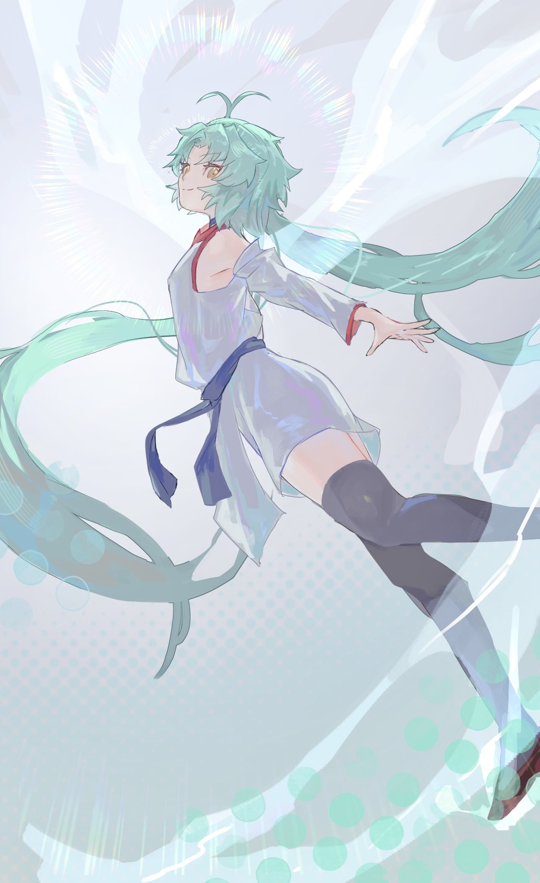 1girl, bare_shoulders, black_thighhighs, dress, duel_monster, effect_veiler, green_hair, highres