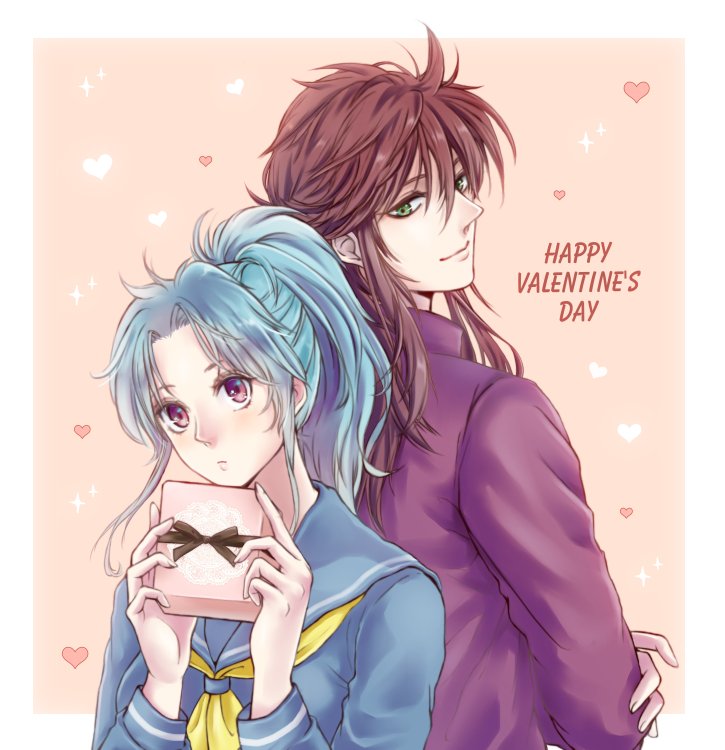 1boy, 1girl, blue_hair, botan_(yu_yu_hakusho), commentary_request, gakuran, happy_valentine, heart