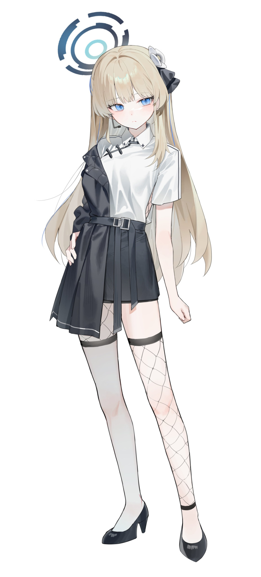 1girl, absurdres, black_jacket, black_ribbon, black_shoes, black_skirt, blonde_hair, blue_archive