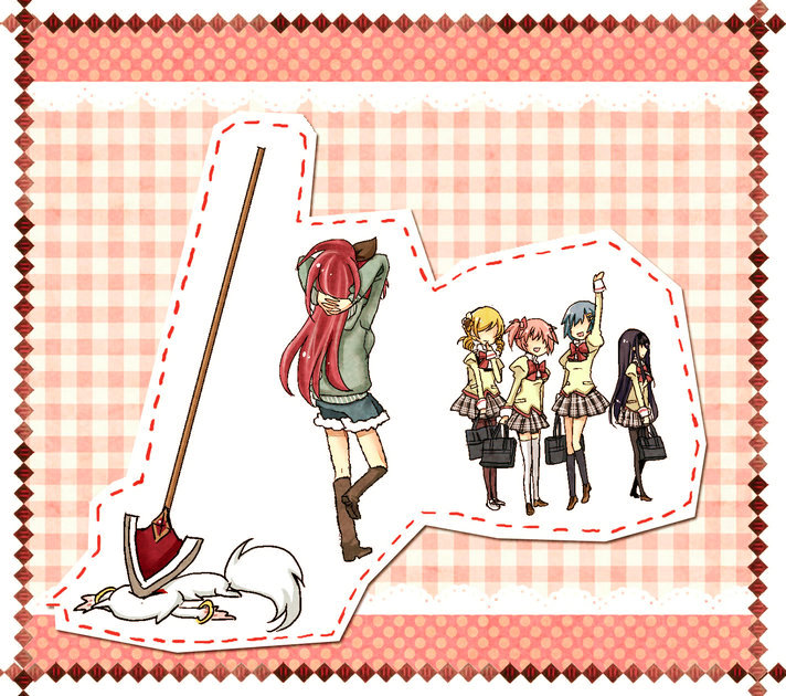 blue_hair, charlieinoni, kaname_madoka, kyubey, kyuubee, long_hair, mahou_shoujo_madoka_magica, miki_sayaka, multiple_girls, pantyhose, pink_hair, ponytail, red_hair, redhead, sakura_kyouko, short_hair, short_twintails, thighhighs, tomoe_mami, twintails