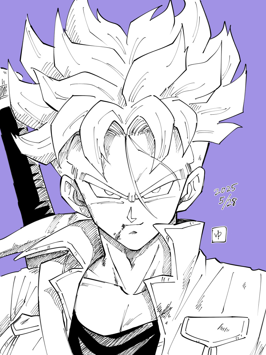 1boy, absurdres, battle_damage, border, collarbone, dragon_ball, dragon_ball_z, greyscale_with_colored_background