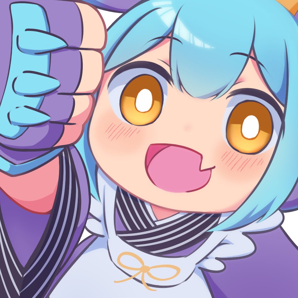 apron, arm_up, blue_hair, blue_kimono, blush, chibi, close-up, dragon_girl