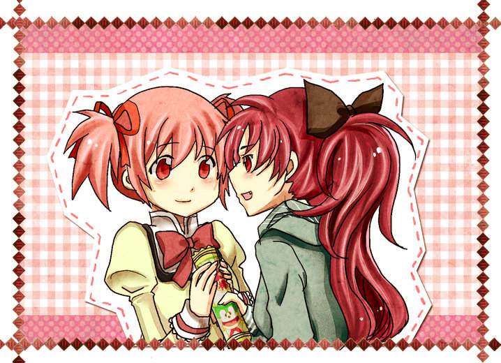 blush, charlieinoni, kaname_madoka, long_hair, mahou_shoujo_madoka_magica, multiple_girls, pink_eyes, pink_hair