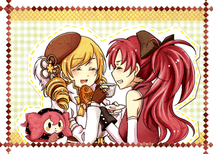 blush, charlieinoni, charlotte_(madoka_magica), drill_hair, long_hair, mahou_shoujo_madoka_magica, multiple_girls, ponytail, red_eyes, red_hair, redhead, sakura_kyouko, tea, tomoe_mami