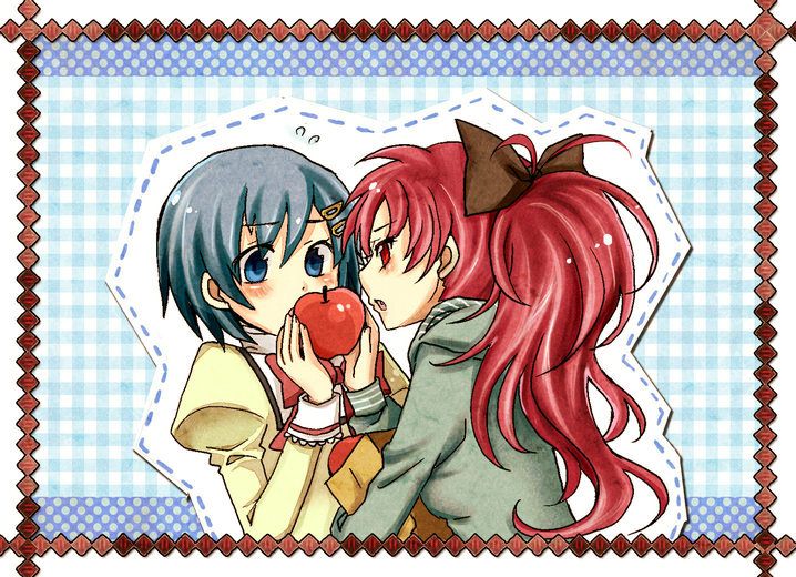 apple, blue_hair, blush, charlieinoni, food, fruit, holding, holding_apple