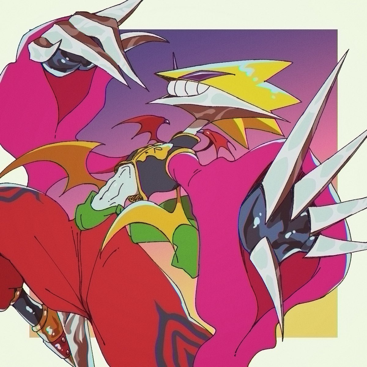 black_shirt, border, claws, cowboy_shot, digimon, digimon_(creature), gradient_background, grey_border