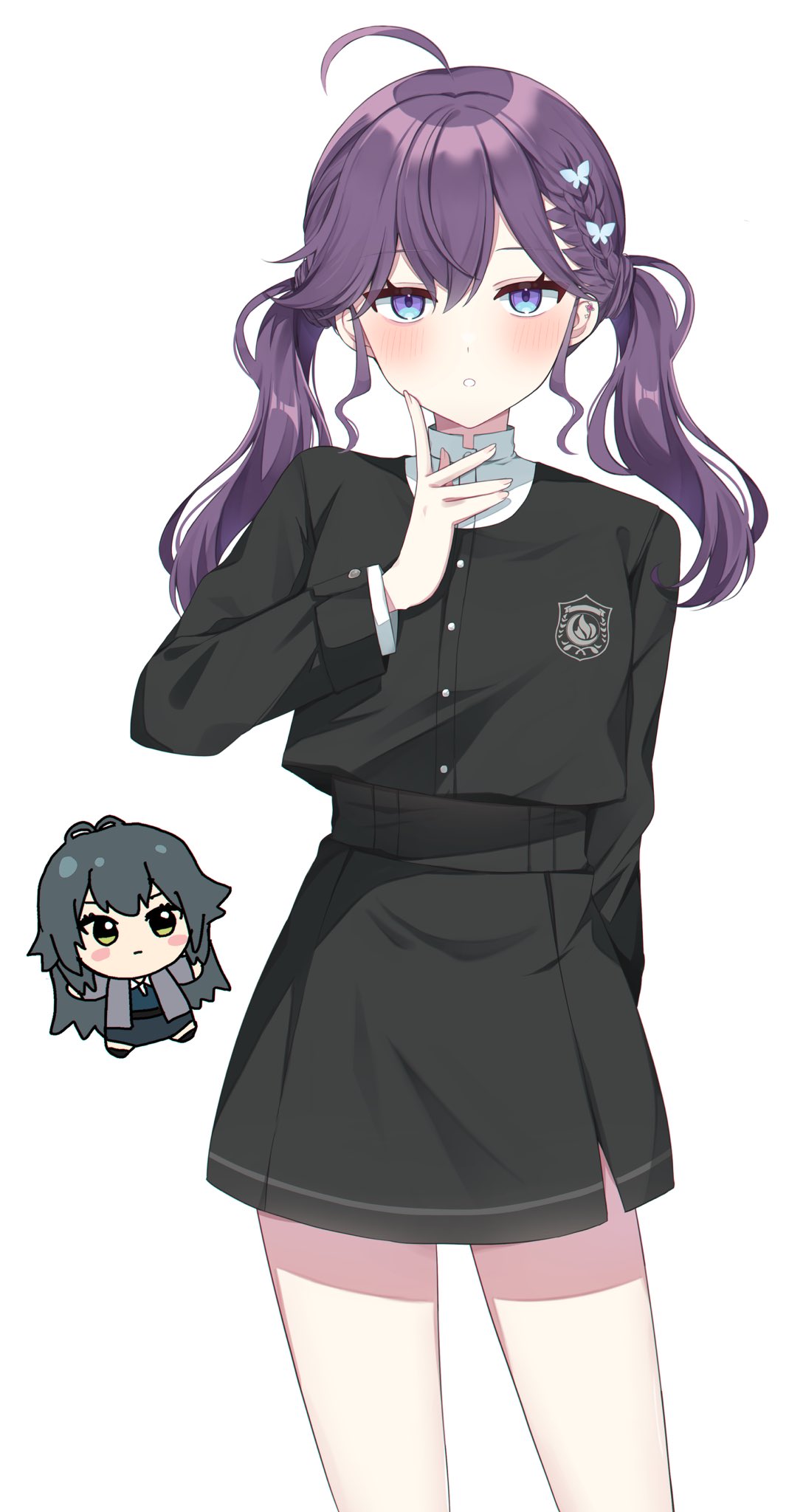 2girls, ahoge, black_jacket, black_skirt, blue_eyes, blush, butterfly_hair_ornament, chibi