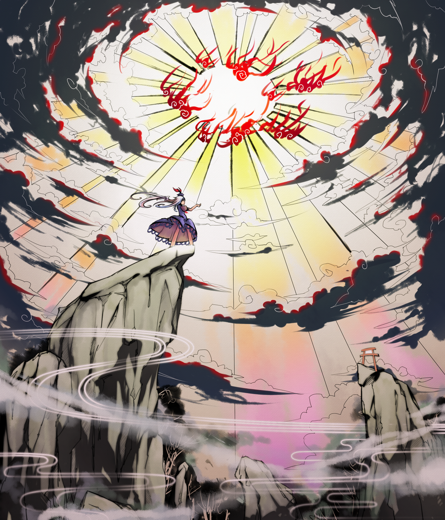cloud, clouds, epic, kamishirasawa_keine, sharp_(renweixia), sky, solo, spell_card